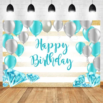 

NeoBack Gray Blue Balloon Birthday Backdrop Blue Diamond Gold Glitter Stripes Photography Backdrop Party Banner Photo Background