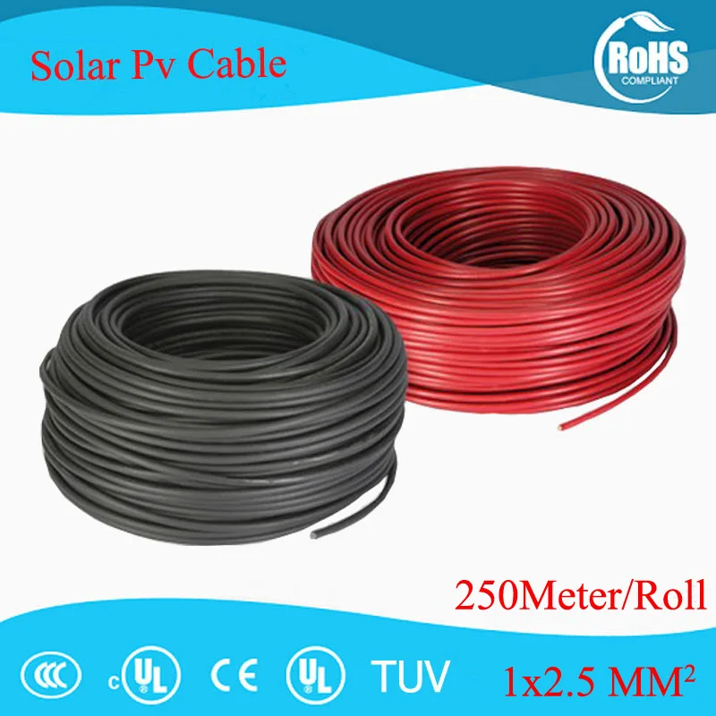 XLPE Солнечный Кабель 2.5mm2/14AWG 250 м/roll PV кабель, черный цвет TUV/коннектор