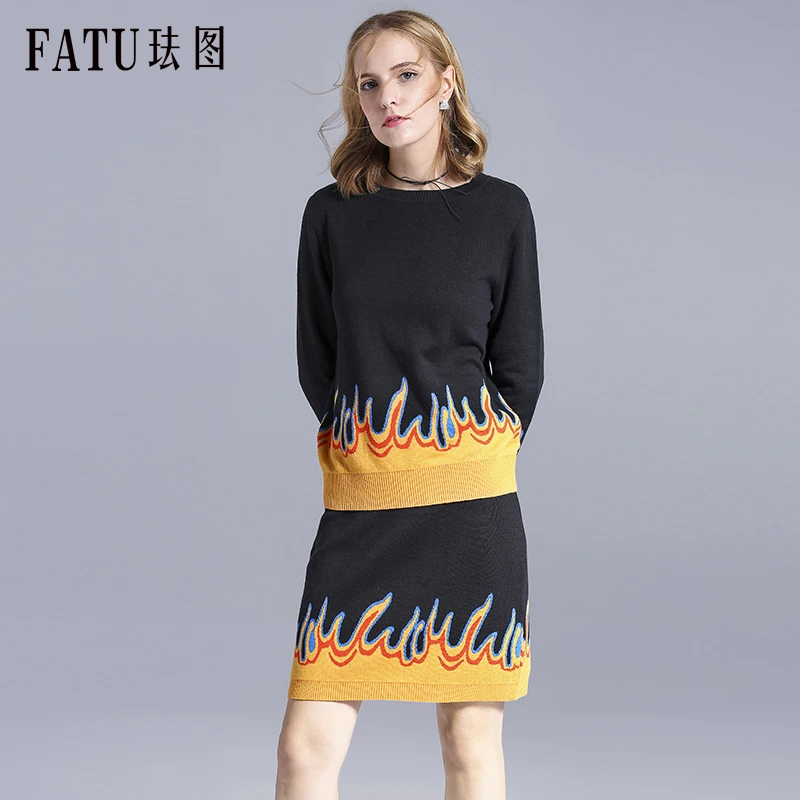 2017 New Knit Long-sleeve wool Sweater Skirt Suits Winter Warm Crochet Crop Top Print Pencil Sheath Women's 2pcs Sets | Женская