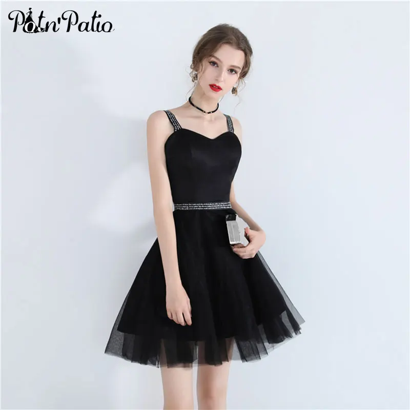 

Elegant Black Short Tulle Prom Dress Sweet Sapaghetti Strap Open Back Lace Up Formal Gowns Sexy Mini Eveening Party Dresses