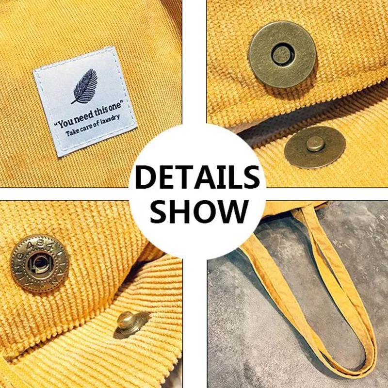 High Capacity Women Corduroy Tote Ladies Casual Shoulder Bag Foldable Reusable Shopping Beach Bag