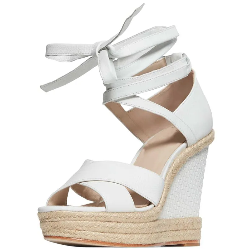Rome Gladiator Solid White Lace-up Cross-Tied Platform Super High Wedges Heels Ankle-Wrap Leisure Fashion Concise Summer