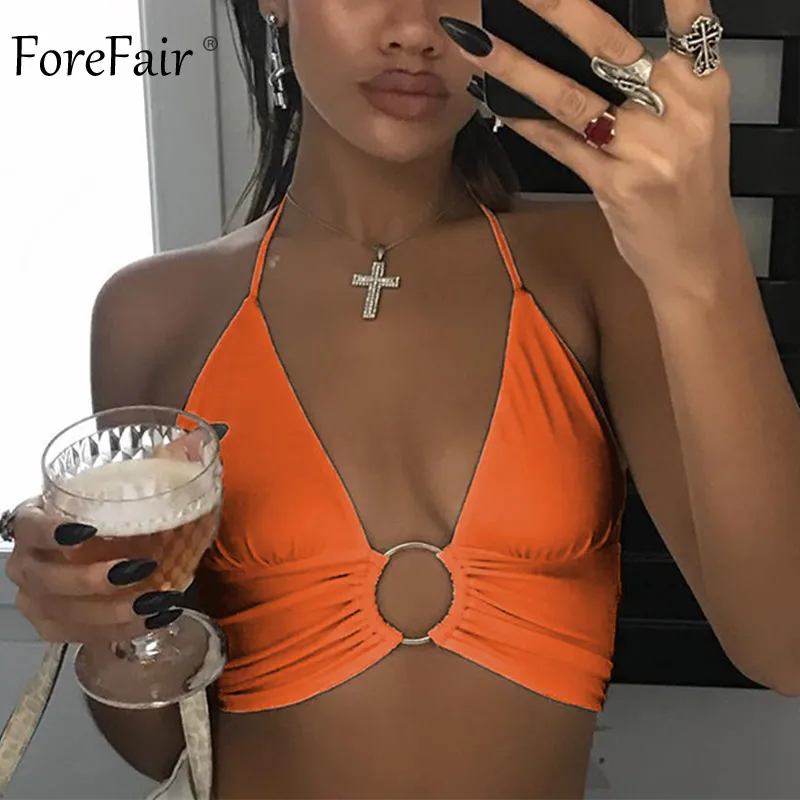 

Forefair Neon Sexy Halter Crop Top Women Camis Metal Ring Lace Up Backless Bralette 2019 Party Club Off Shoulder Tops Summer