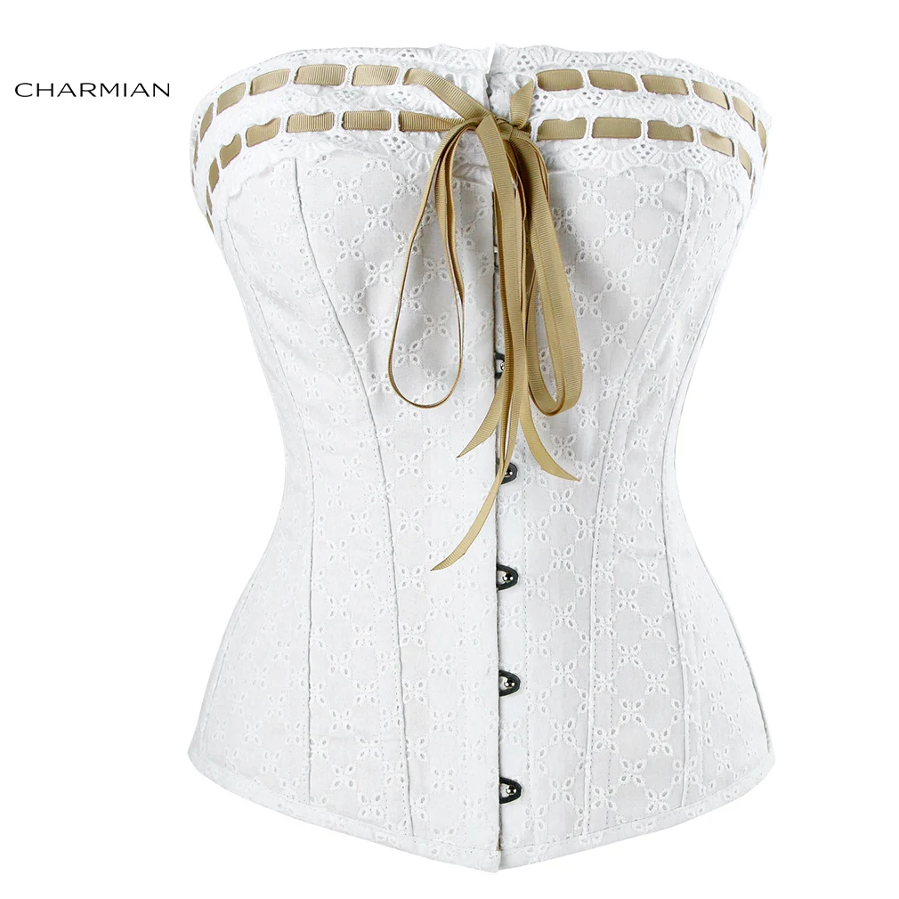 

Charmian Women's Sexy Victorian Vintage Lace Corset with Ribbon Lace Trim White Bridal Corsets and Bustiers Body Shaper Corselet