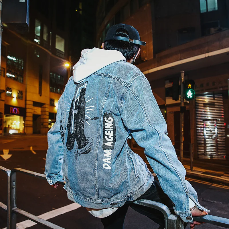 

Men's Jacket 2018 Autumn New Styles Hole Print Denim Jacket Men Loose Hip Hop Stand Casual Jeans Bomber Jacket Streetwear Coat