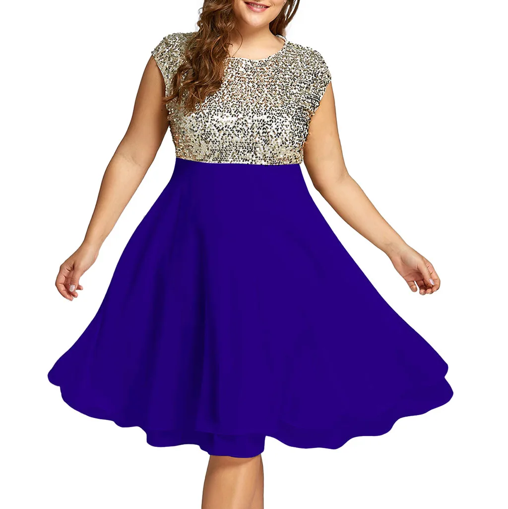 

Diamond shining dress Women Plus Size O-Neck Solid Tutu Sleeveless Solid color blue Zipper Chiffon Sequined dress robe femme #15