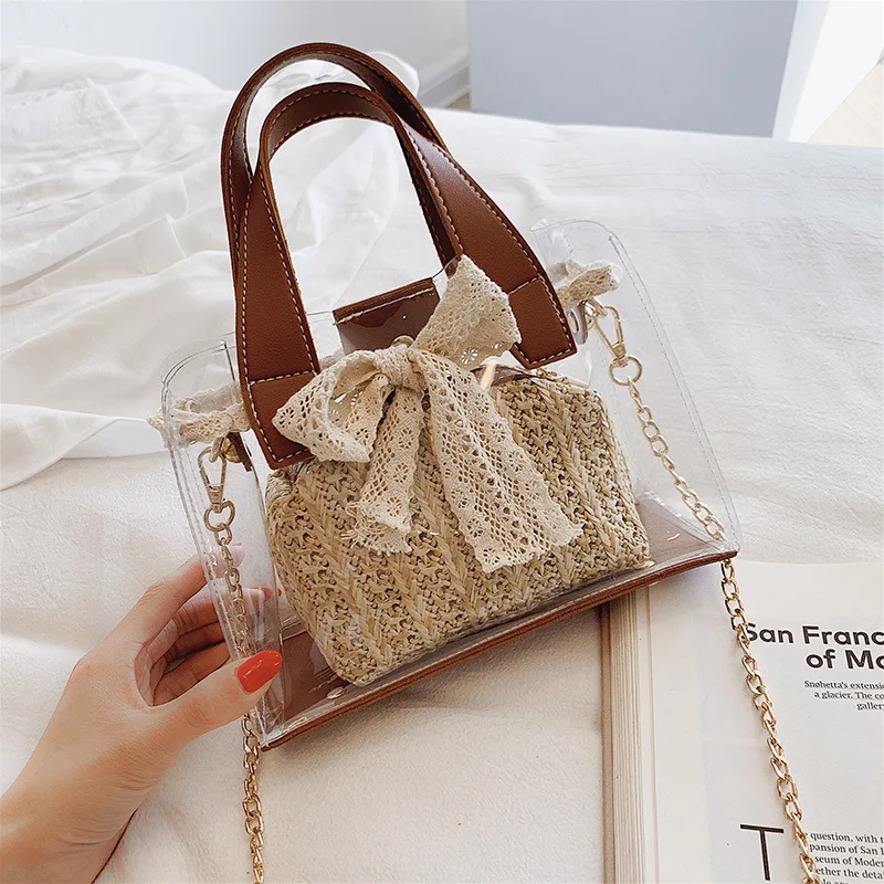 

High quality PVC Designer Handbag Woven Women Travel bags 2019 Personalized Chain Crossbody Bag With Lace Casual Shoulder Bag
