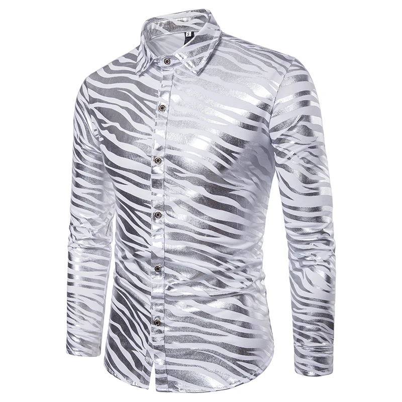 الرجال قميص لامعة زيبرا مخطط قميص السببية يتأهل ملابس رجالية بكم طويل اللباس قمصان ملهى ليلي حزب حفلة موسيقية الذهب البرنز الشارع الشهير
