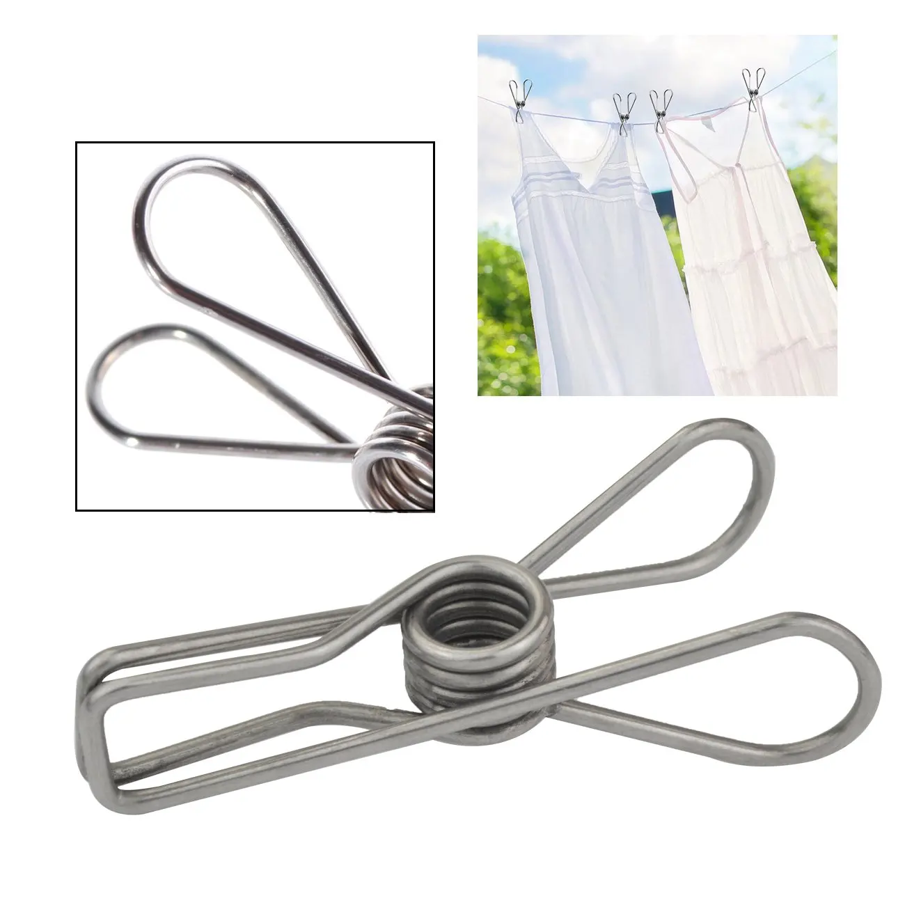 

200PC Stainless Steel Clothes Pins Utility Clips Hooks Clothespin Spring Clothes Socks Hanging Pegs Clips Clamps Silver Laundry