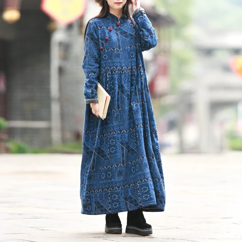 

ASYMSAY Female Cotton Linen Dress New Arrival Autumn Winter Thick Keep Warm Ethnic Vintage Style Blue Dress For Women AC5919