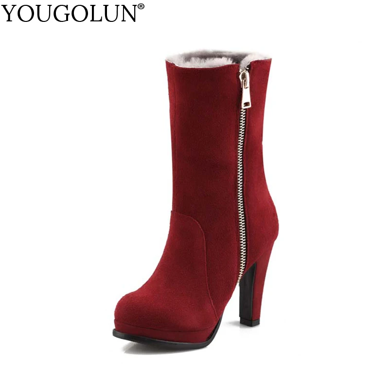 

YOUGOLUN Women Fur Boots 2018 New Winter Genuine Cow Suede Wool Mid-Calf Thin 10 cm Heels Wine Red Black Platform Shoes Y-179