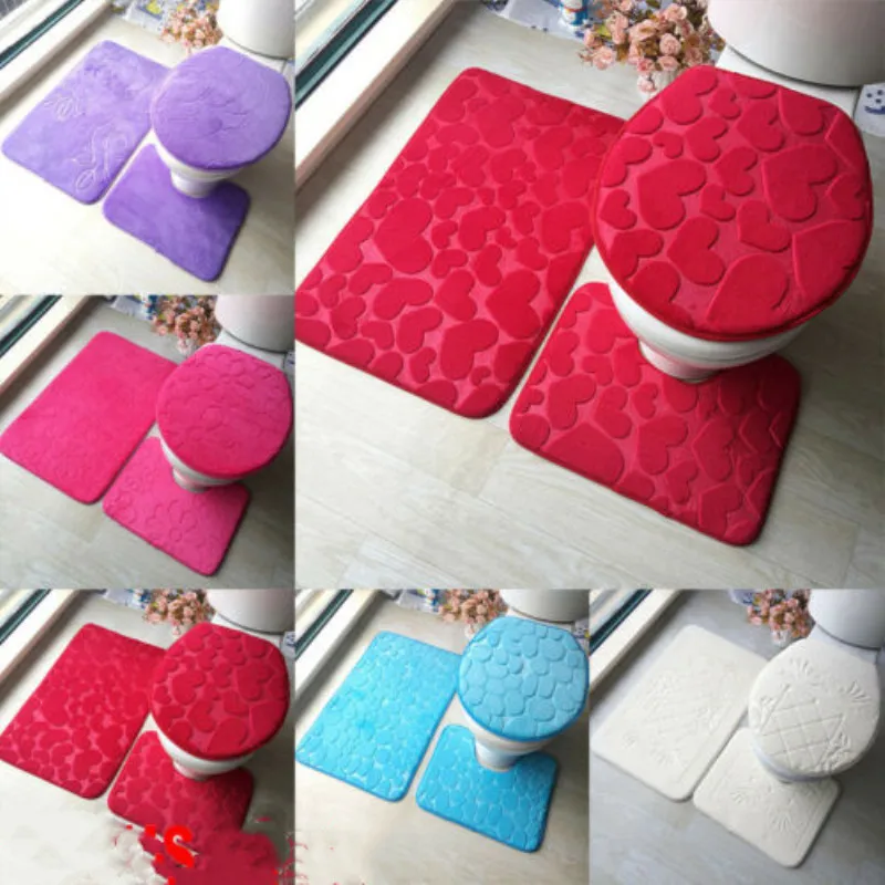 

3PCS Bathroom Non-Slip Pedestal Rug + Lid Toilet Cover + Bath Mat Washable Set