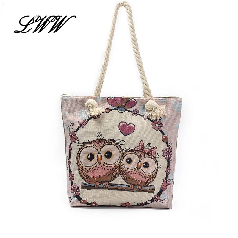 Lovely Cartoon Printing Canvas Tote Bags for Women Vintage Owl Flowers Ladies Shoulder Bags Big Beach