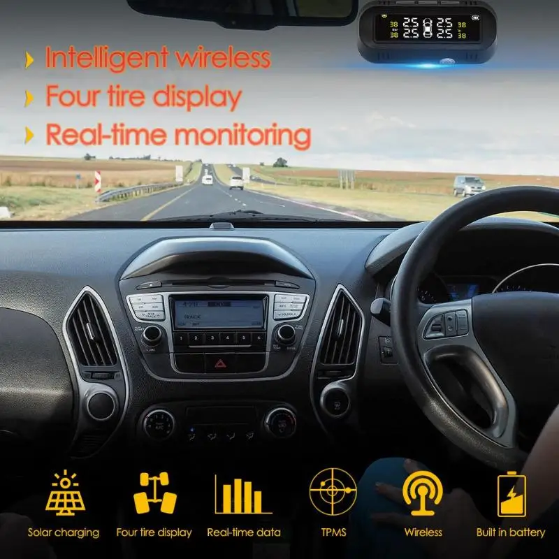 C68 USB+Solar Car TPMS Tire Pressure Monitor System with 4 Internal Sensors Built Tire Pressure Tire Temperature Alarm