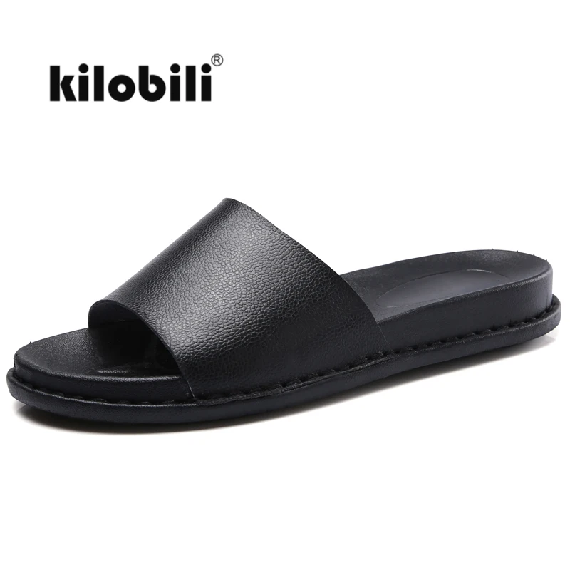 

kilobili women slippers Genuine Leahter gladiator sandals peep toe summer Slides beach sandals rubber sole non-slip flip flops
