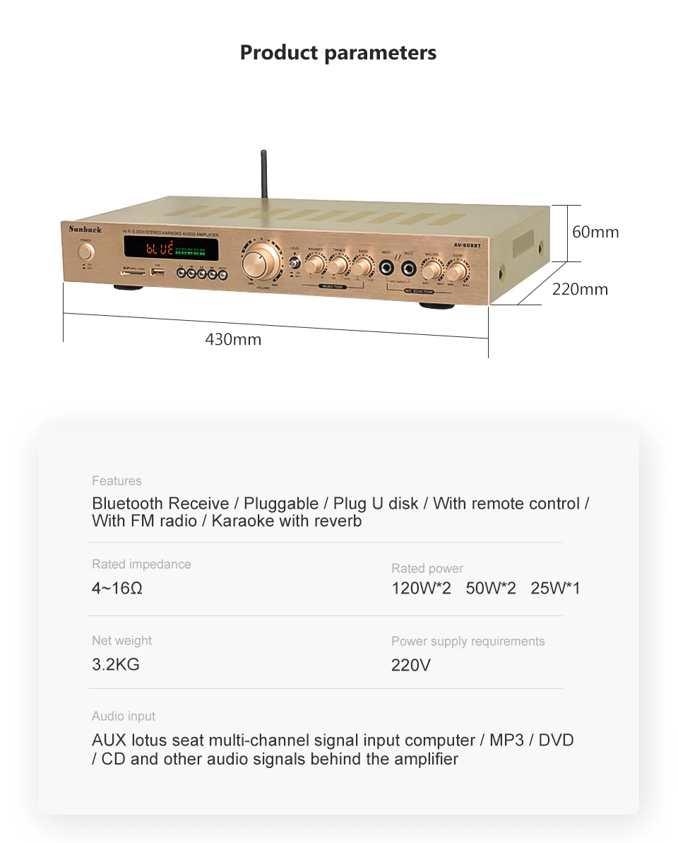 SUNBUCK 5 CH HiFi Bluetooth стерео усилитель AV дома Театр Профессиональное аудио караоке радио Bluetooth усилитель 300 W