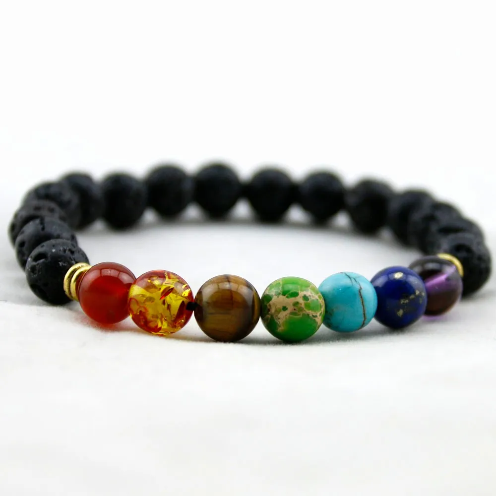 Разноцветные мужские браслеты из черной лавы, 7 чакр, исцеляющий баланс, браслет с бусинами для женщин, браслет рейки, молитва, Йога, браслет с камнями - Окраска металла: Lava