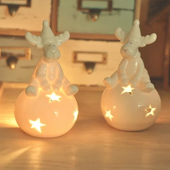 

White Elk Candle Holder Pure Snow Color Christmas Decor Candlestick Spherical Hollow Star Ceramic Crafts Small Tea Wax Holder