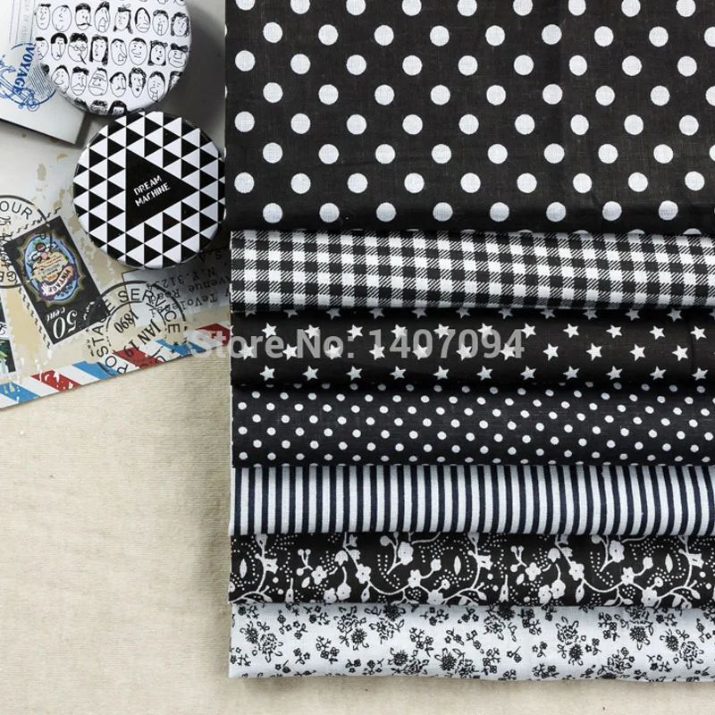 7Pcs 50x50cm Cotton Quilting Fabric Black Print Floral Stripe Dot Grid