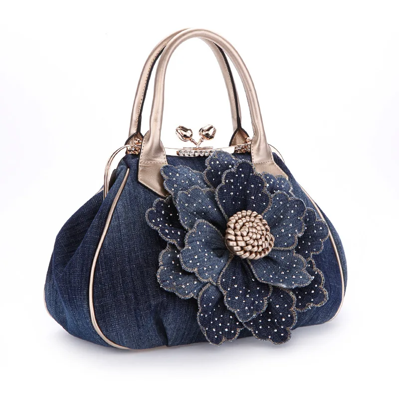 Брендовая женская сумка джинсовая Цветочная сумочка модная мягкая ручка органический хлопок без молнии женские сумки ZF9874 - Цвет: Gold