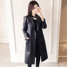 Женское пальто из натуральной кожи, весенне-осенняя Классическая Длинная женская куртка, приталенное пальто из овчины с отворотом, женская кожаная верхняя одежда