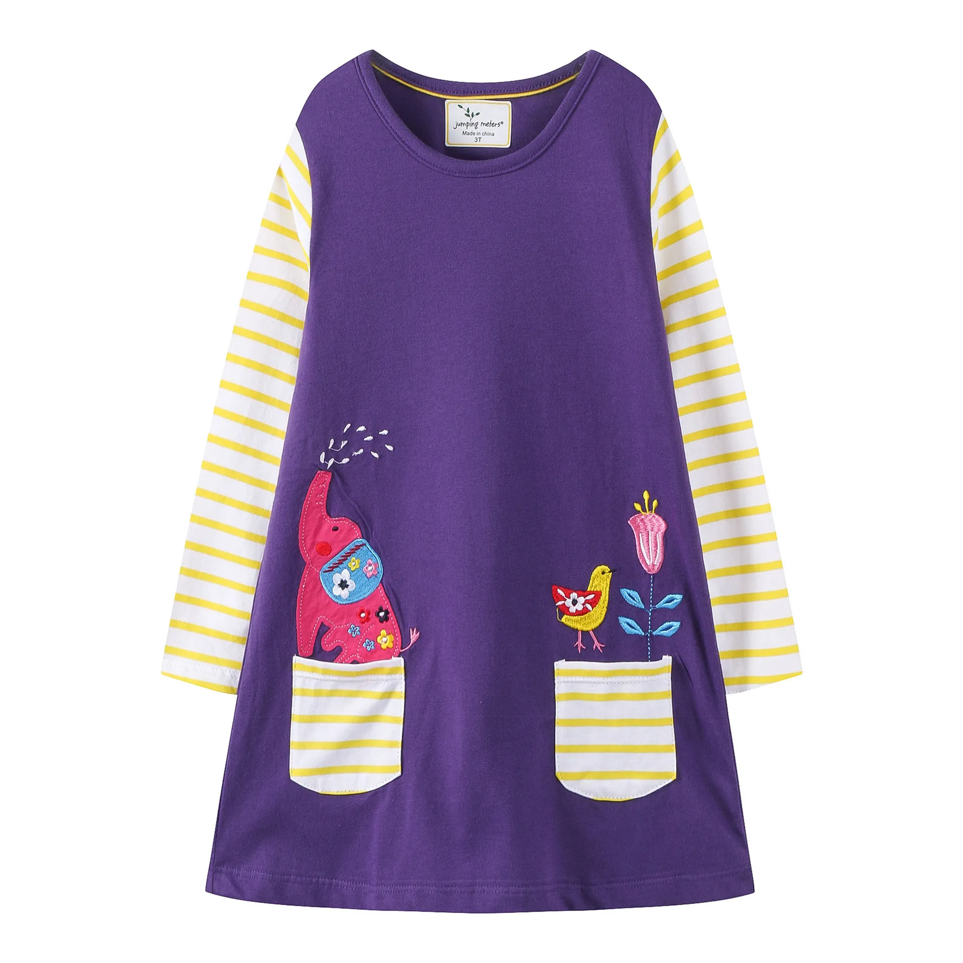 

Baby Little Girls Spring Fall Winter Cotton Long Sleeve Striped Elephant Applique A-line Dress 18 Months-6 Years