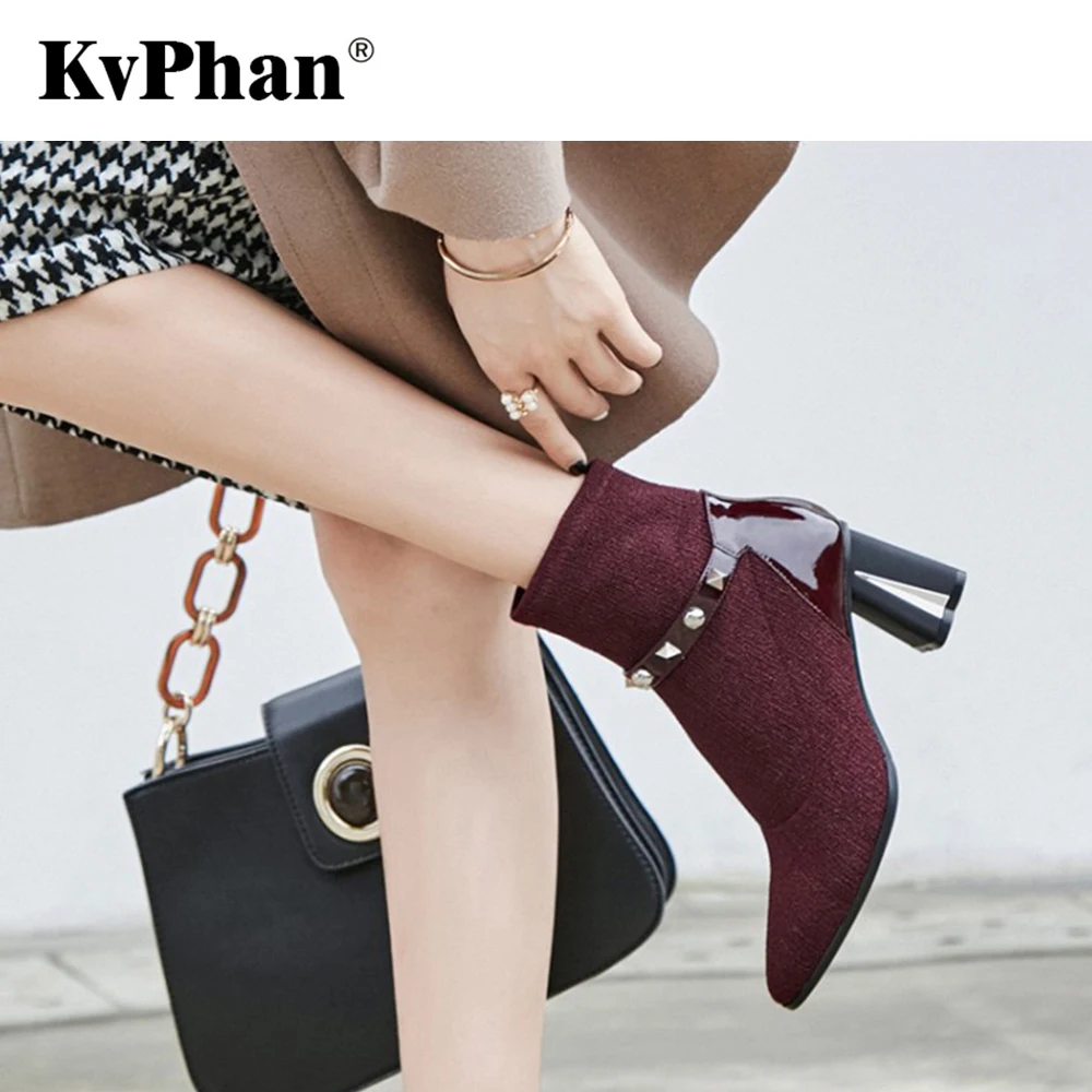 

KvPhan Full Grain Leather Red Square Heels Basic Shoes Women Solid Fashion Rivet High Heel for Lady Autumn Stretch Fabric Boots