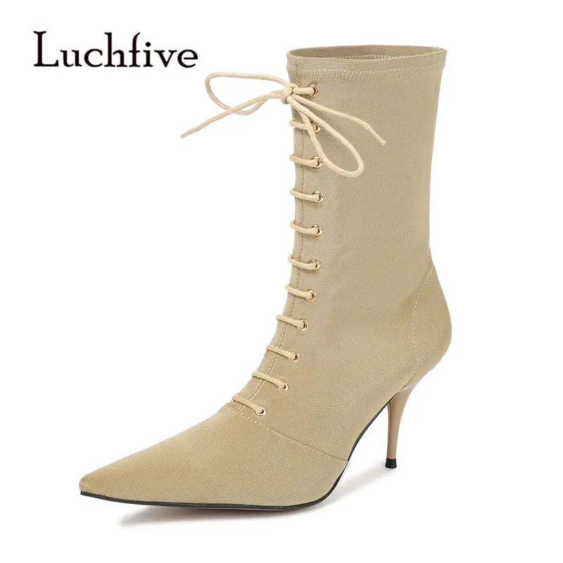 

2019 Nude Stretch Ankle Boots Woman Pointed Toe Strange High Heel Boots Women Fashion Elastic Sock Boots