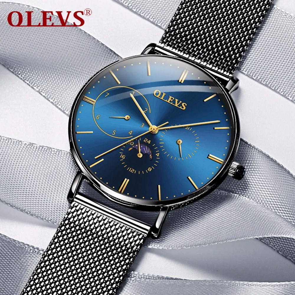 OLEVS ультра-тонкие мужские часы, мужские кожаные кварцевые часы с фазой Луны, мужские роскошные брендовые водонепроницаемые Бизнес часы, мужские часы