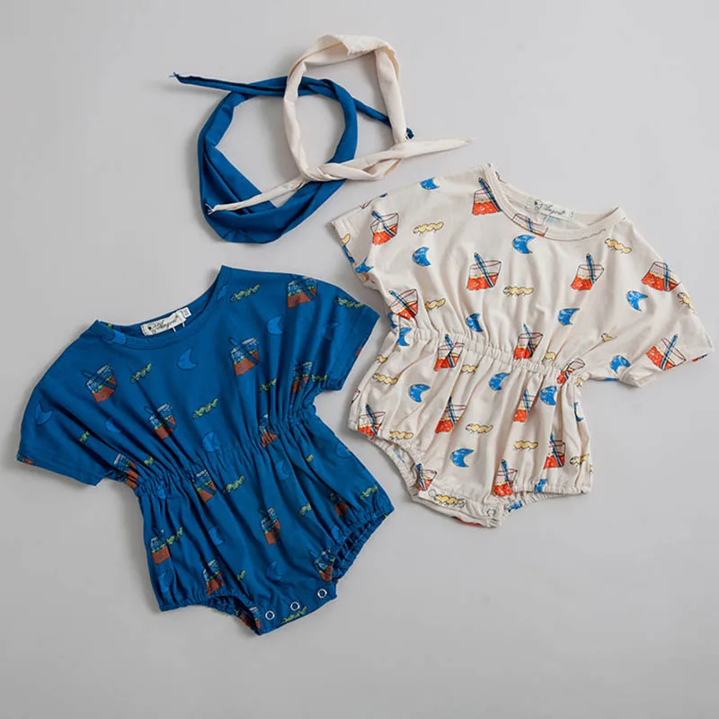 

Newborn Jumpsuit Summer Baby Bodysuits Baby Girl Beverage Printing Short Sleeve Headscarf In One-piece Crawling Suit