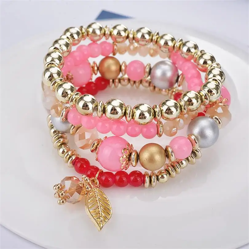 Wild 4 piece Set Bracelet Leaves Beaded Multi layered Elastic Bracelets