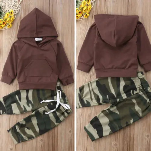 Fall Spring Kid Boy Clothes Baby Long Sleeve Hooded Pocket Tops+Camo Pants Cotton Nebworn Children Outfits Set |
