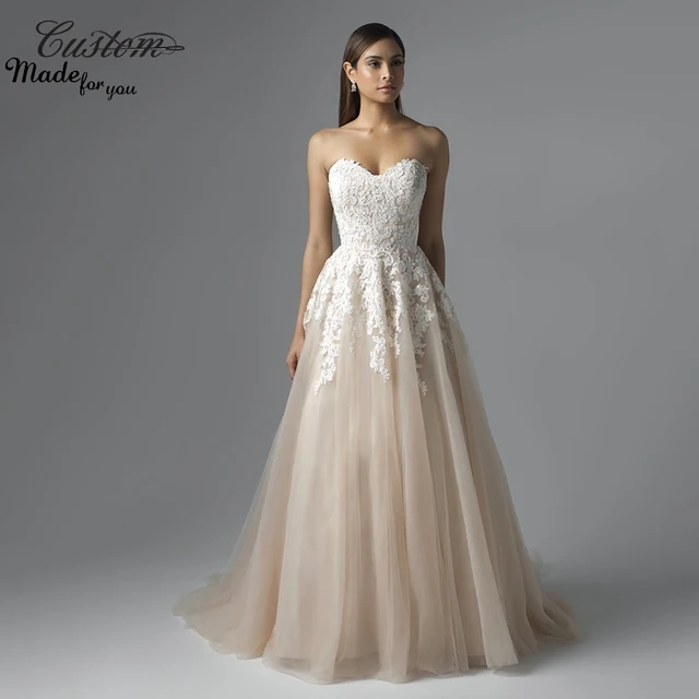 Fresh Looking A line Sweetheart Tulle Robe De Soiree French Lace Wedding Dresses Champagne 2016 Sexy