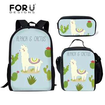 

FORUDESIGNS Kids School Bags Cute Alpaca Printing Schoolbag Children 3pcs/set Primary School Bag Girls Bookbag School Rucksack