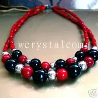 

2 Strand Black Onyx Red Coral Bead Necklace