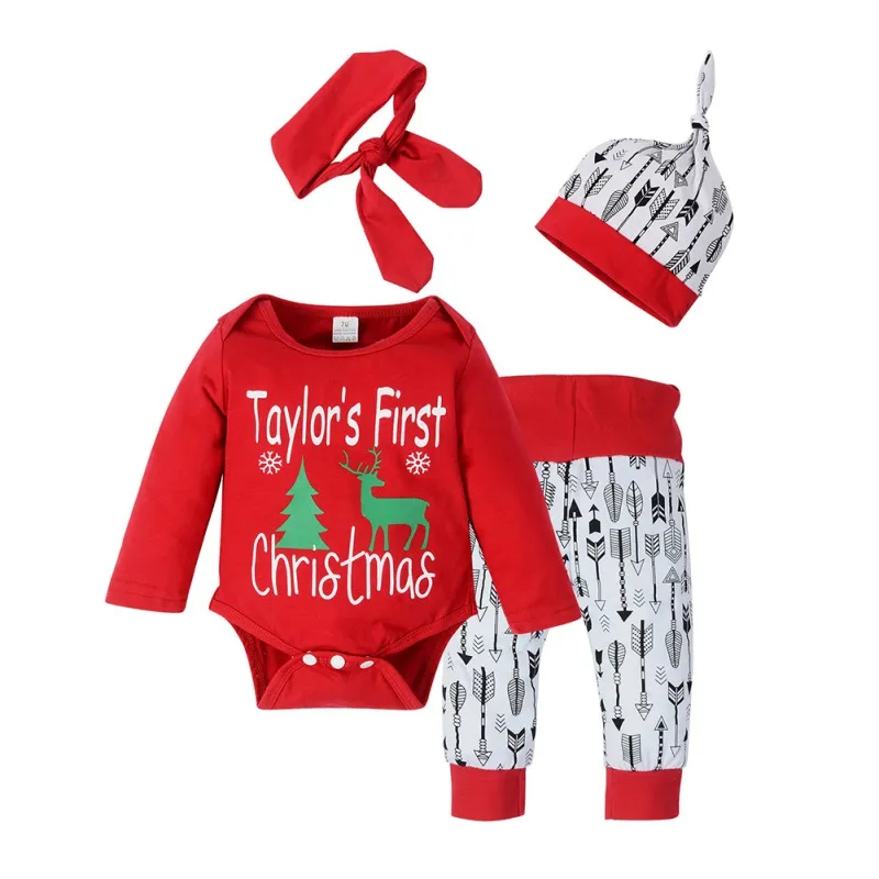 

Hot Sale Christmas Children's 4 Piece Set Long Sleeve Romper + Pants + Headwear + Hat Set Kids Baby Clothing Set
