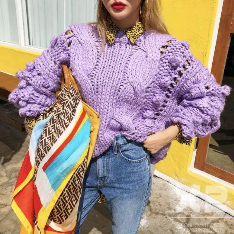 

2019 autumn and winter new fashion casual handmade woven ball round neck pullover sweater women