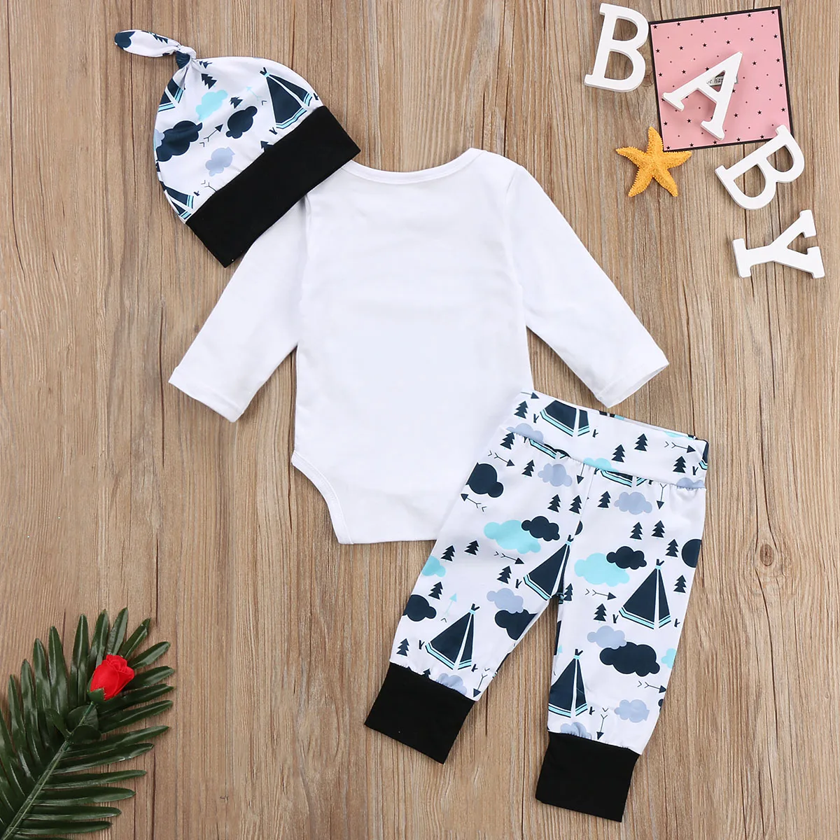 Повседневный хлопковый комбинезон с длинными рукавами для новорожденных мальчиков и девочек 0-24 месяцев, топы+ длинные штаны, шапка, комплект одежды из 3 предметов