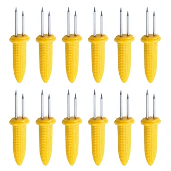 

10pcs Fork Corn Skewer Stainless Steel Corn Holders Corn On The Cob Skewers Fruit Forks Outdoor Barbecue Tool (Yellow)