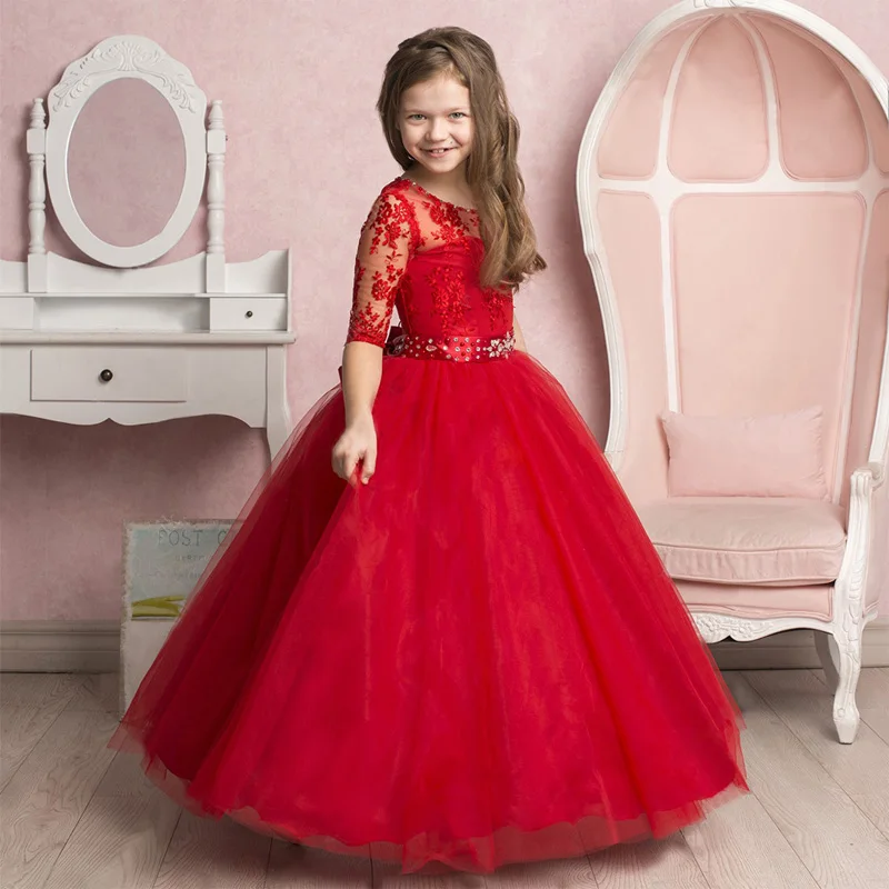 Adorable Red Flower Girl Dresses With Sash Crystals Beaded Collar