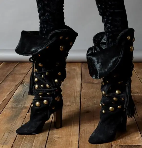 

New Winter Brand Women Warming Fold Lace Up Rivets Pointed Toe Chunky Heels Fringe Tassel Knee High Boots Fashion Long Boots