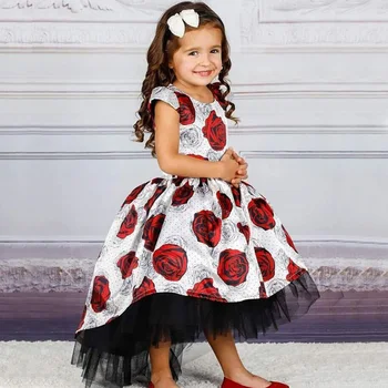 

Kids Girls Print Dress Round Neck Short Sleeves Trailing Princess Formal Dress YH-17