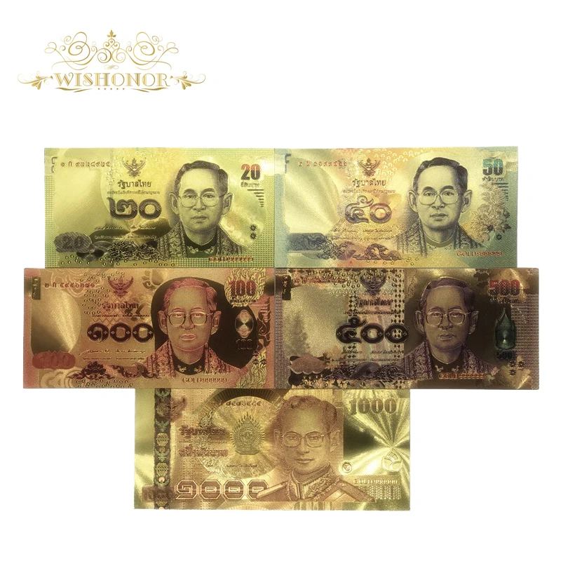 

5pcs/lot 24K Color Thailand 20 50 100 500 1000 Baht Gold Foil Banknote in 24K Gold Plated Paper Money For Collection