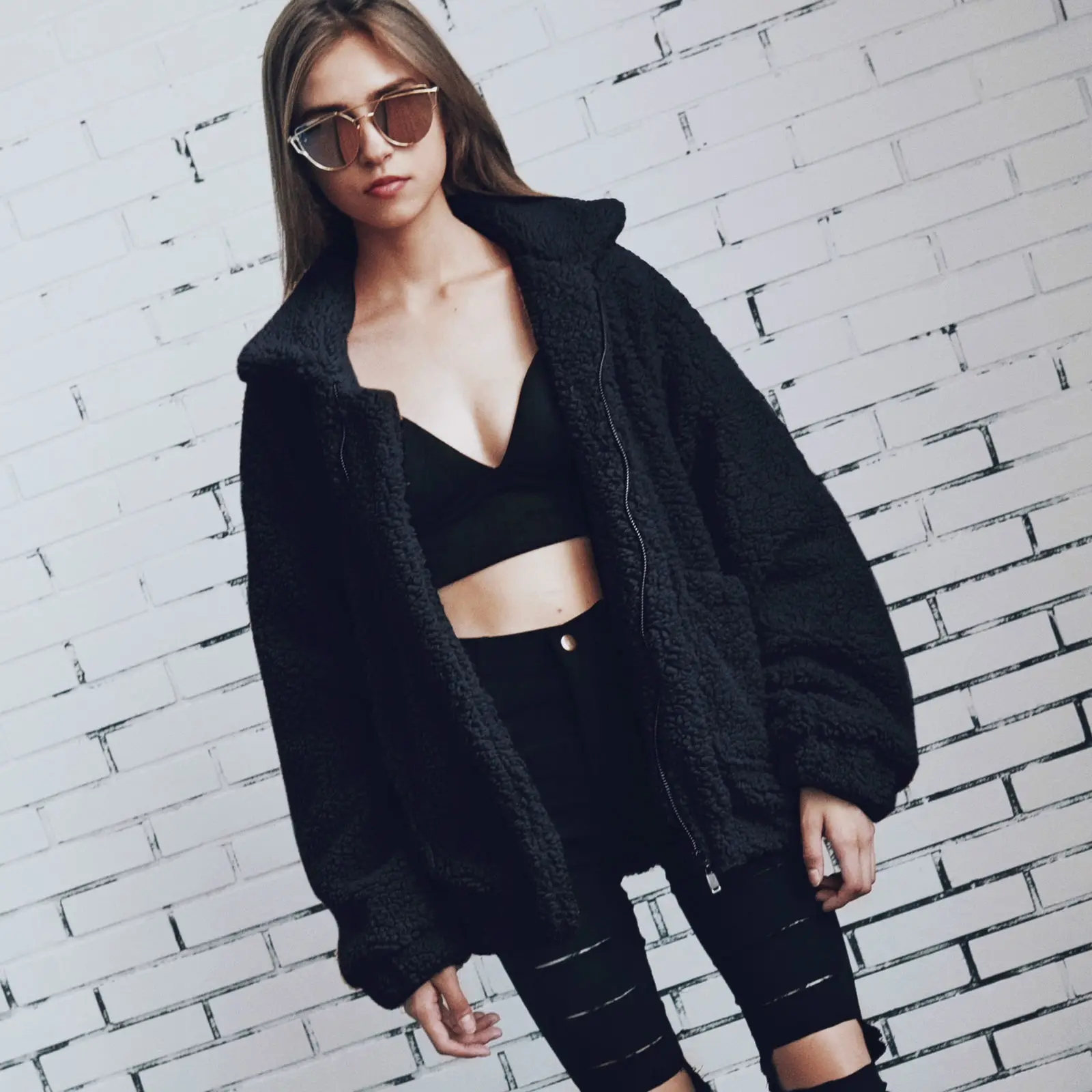 Women Winter Warm Faux Fur Fluffy Casual Long Sleeve Coat
