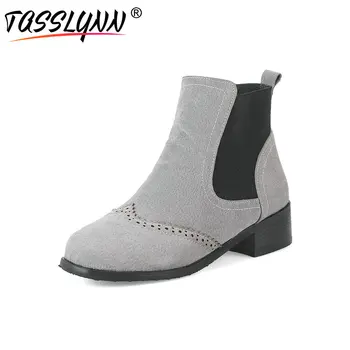 

TASSLYNN 2019 Autumn Women Boots Fashion Suede Round Toe Woman Shoes Square Med Heels Boots Shoes Buckle Big Size 34-43