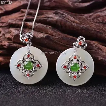 

Round Natural white and green Jade jasper pendant necklace Amulet S925 Silver fitting Talisman