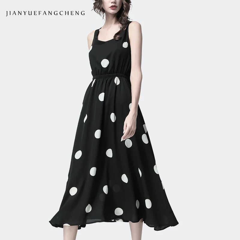 

Polka Dots Maxi Dress Women Summer French Style Big Swing Pleated O-Neck Backless Bow Sexy Plus Size Female Street wear Dresses