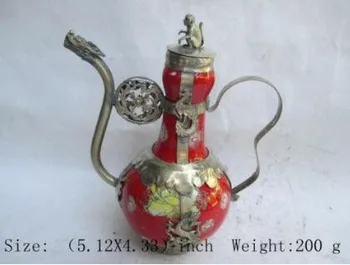 

SCY +++Elaborate Chinese ancient Tibetan copper dragon monkey inlaid with ceramic teapot