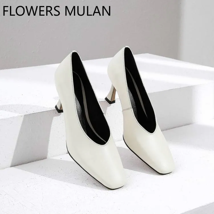 

Black White Leather Concise High Heels Women Pumps Chic Square Toe Slip On Zapatos De Mujer Runway Shallow Gladiators Brand Shoe