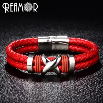 

REAMOR Trendy Woman Cuff Bracelets Stainless Steel Letter X Knot Bangles Red Double Braided Leather Bangle Wristband Men Jewelry